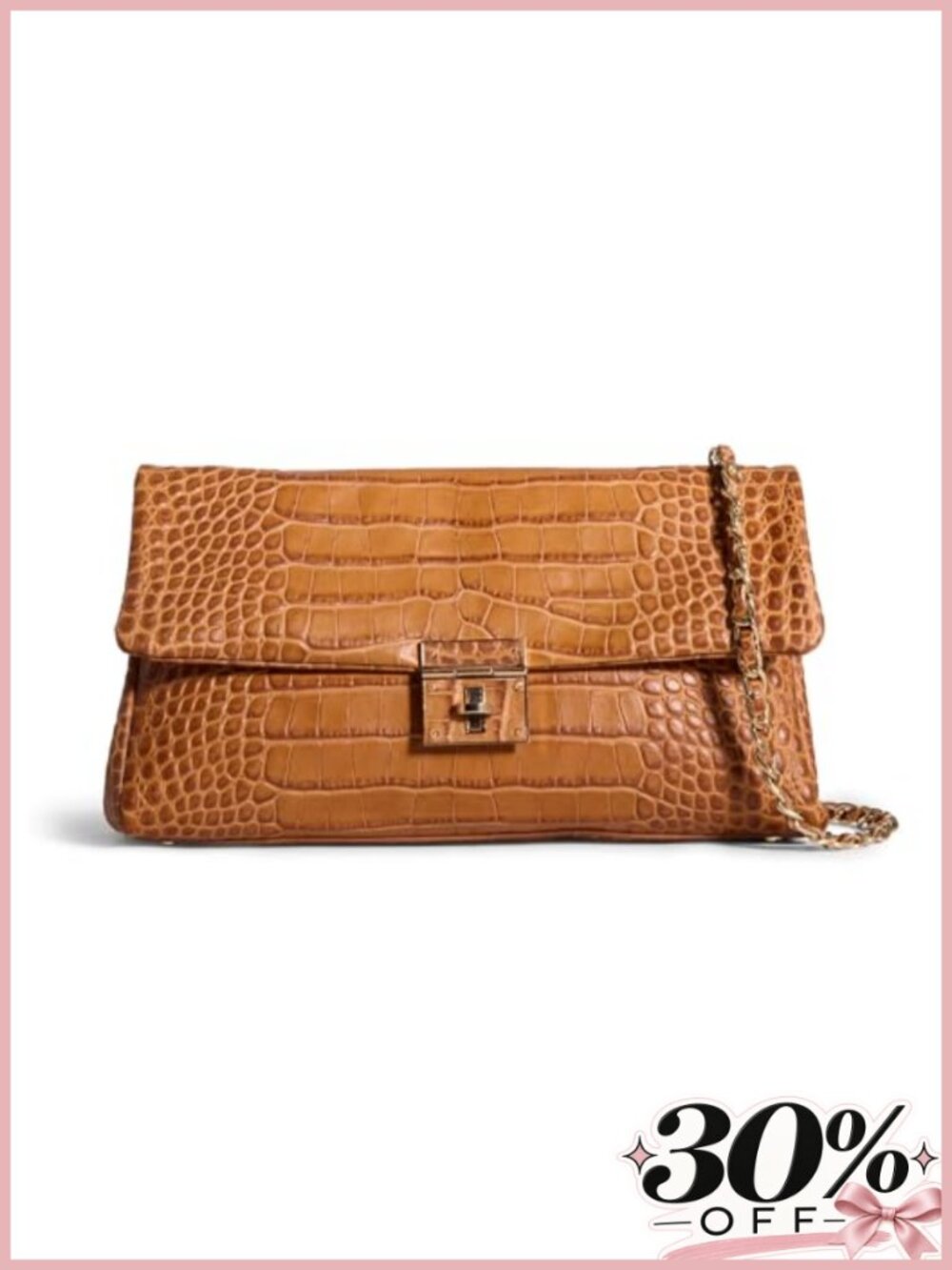 Italian Embossed Cowhide Leather Crossbody Flap Bag with Gold Chain Strap